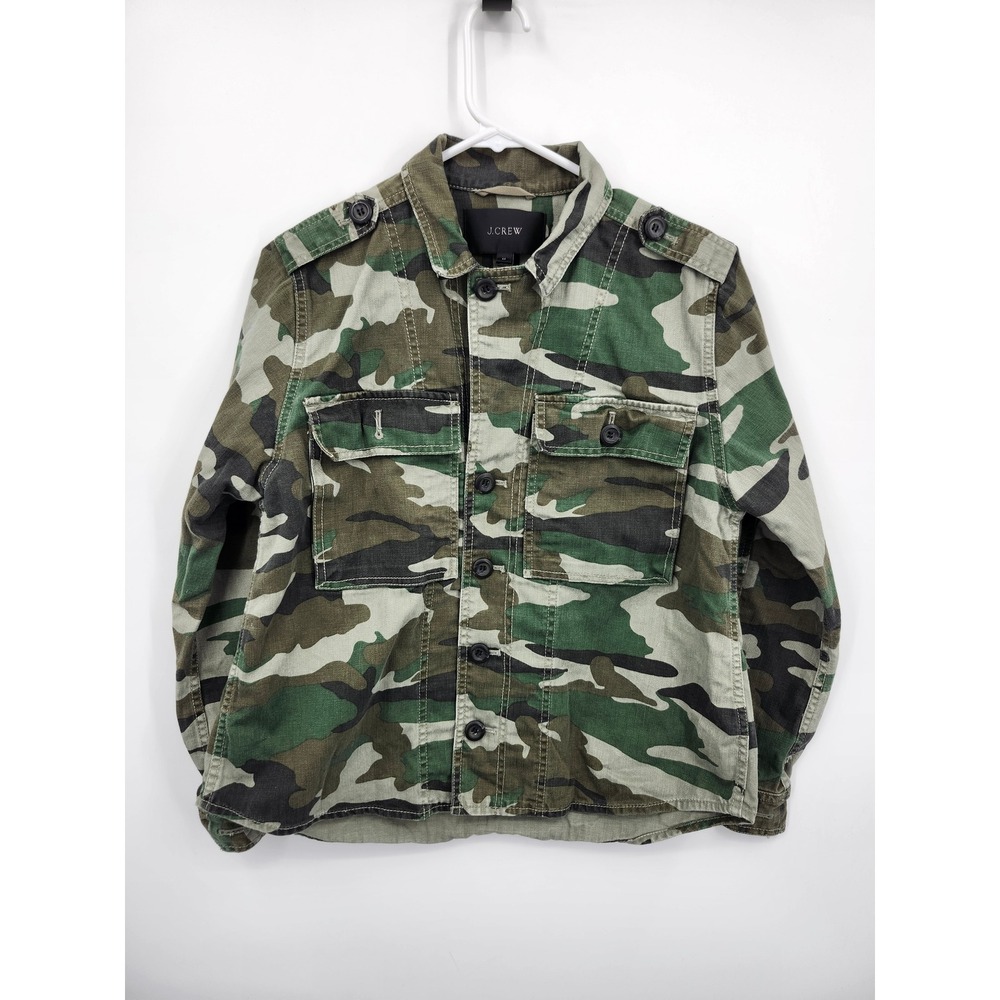 J.Crew Utility Jacket Womens Medium Green Camo Military Button Up Cotton Linen